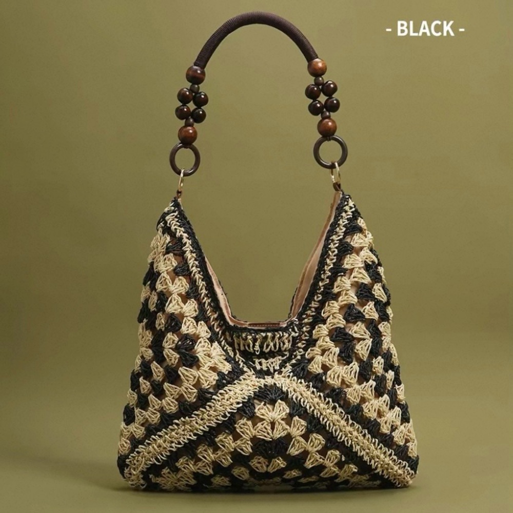 Boho Woven Crochet Shoulder Bag with Beaded Handle